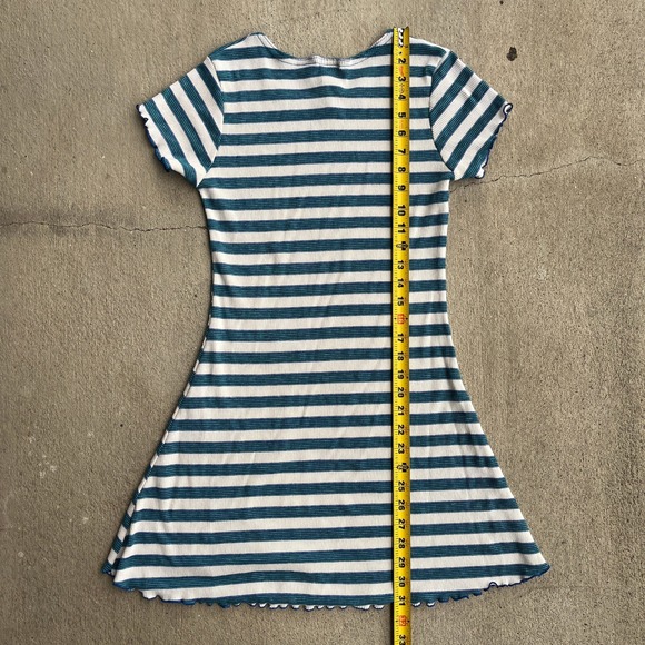 VTG Y2k Striped T Shirt Dress Short Sleeve Lettuce Hem Teal White Medium - Picture 5 of 5